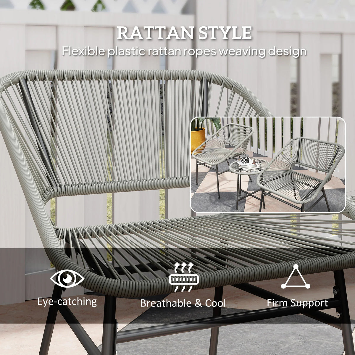 Light grey rattan-style woven chair with curved armrests and gray seat cushion