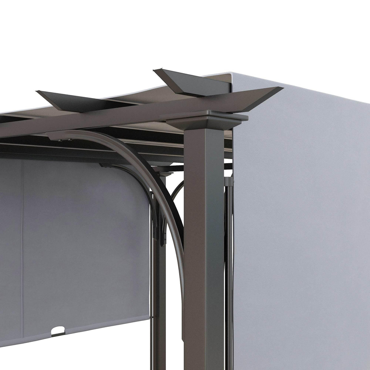 Grey adjustable canopy roof with overlapping slats and arched side panel frames