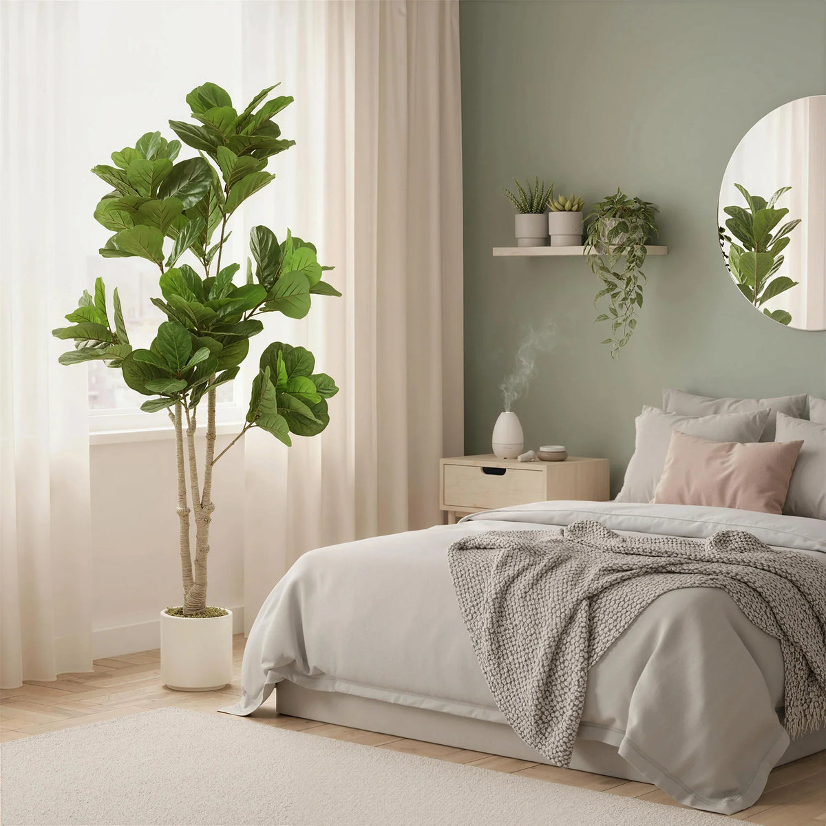 Artificial fiddle-leaf fig tree with layered green leaves and textured trunk in white planter