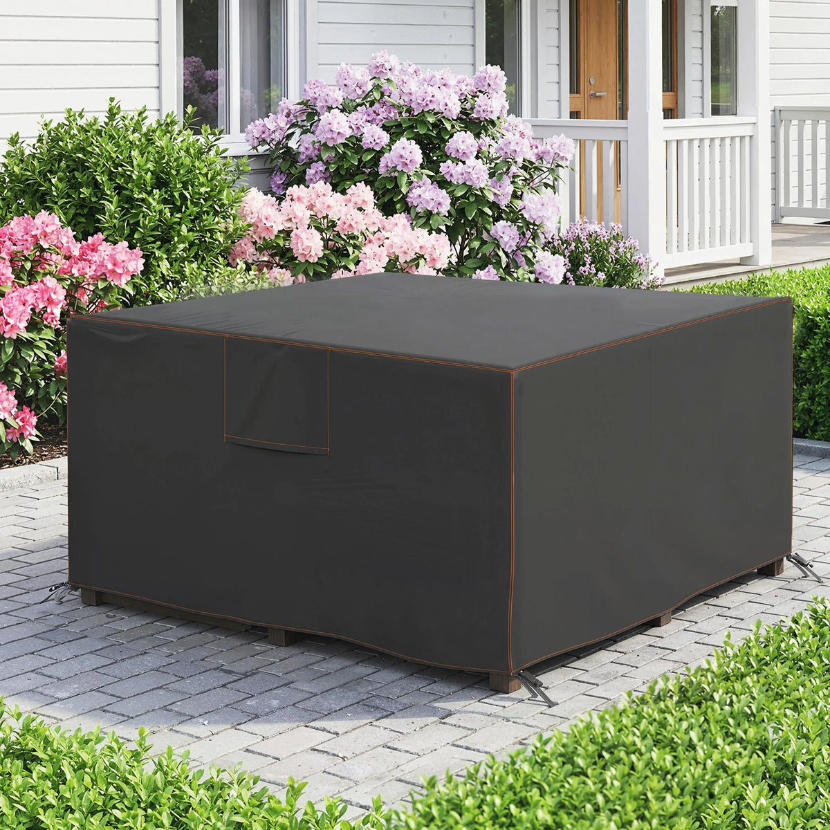 Black waterproof square garden furniture cover with side air vent pocket