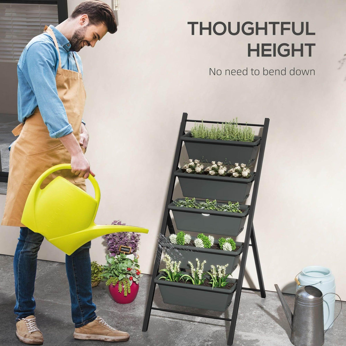 Grey 5-tier vertical garden planter stand with plants and detachable planter boxes