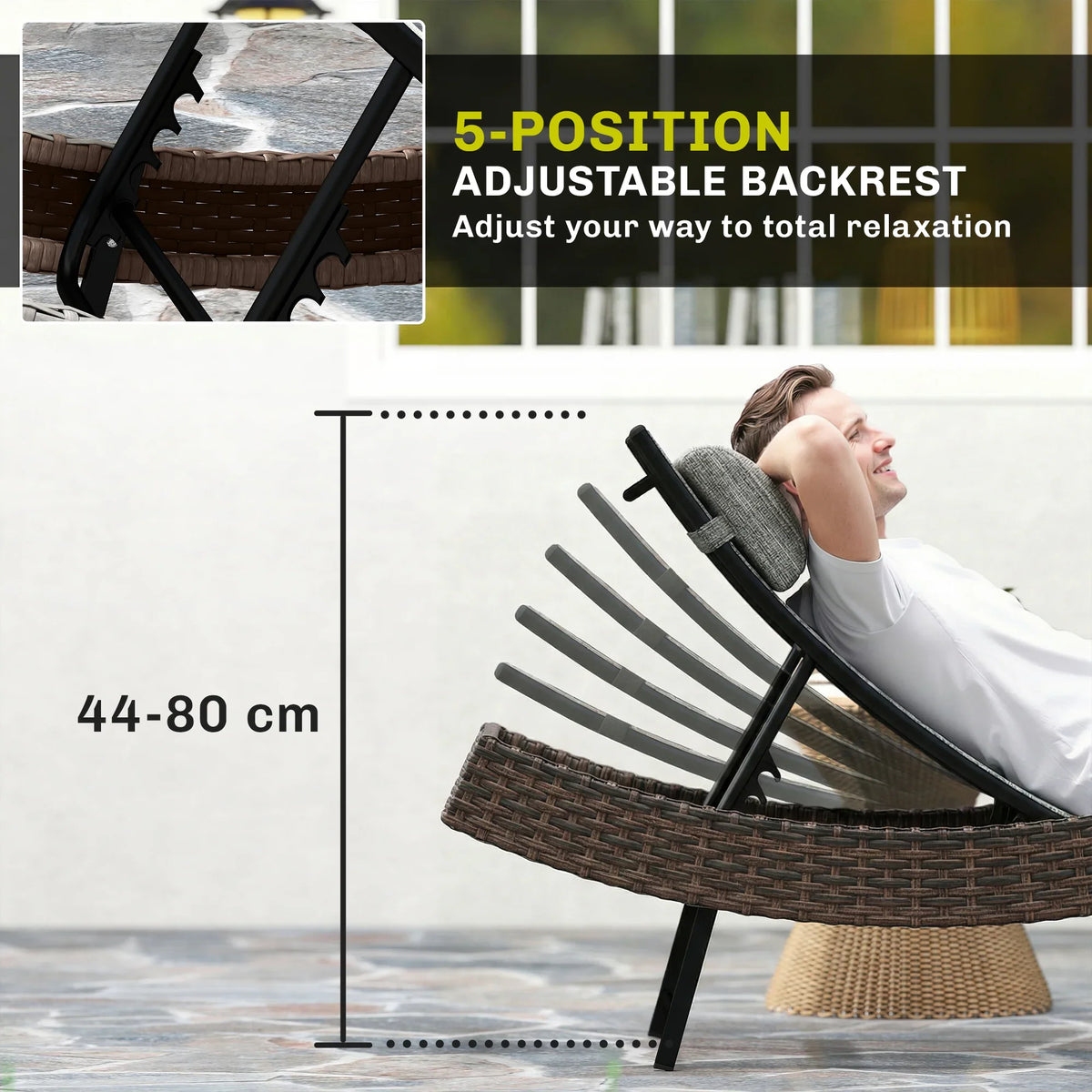 Brown rattan sun lounger with 5-position adjustable backrest and gray texteline cushion