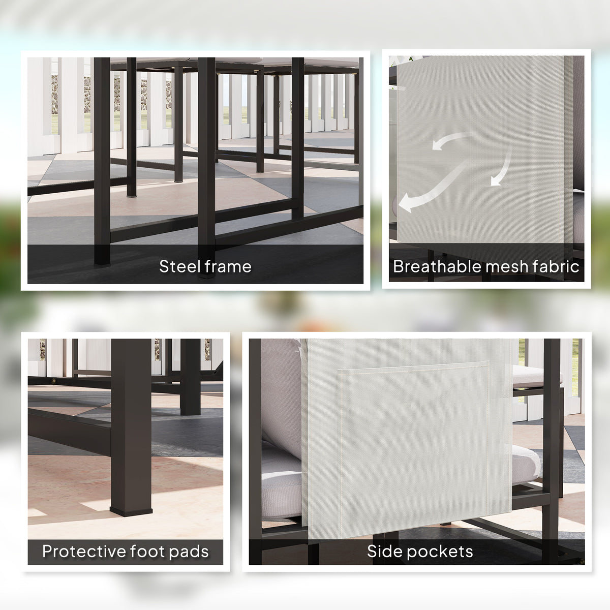 Dark grey dining set chairs with steel frame, breathable mesh fabric, and side pockets