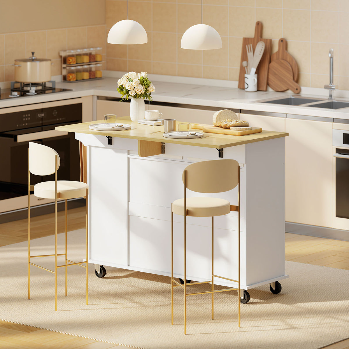 White rolling kitchen island cart with drop-leaf prep surface and side storage cabinet doors