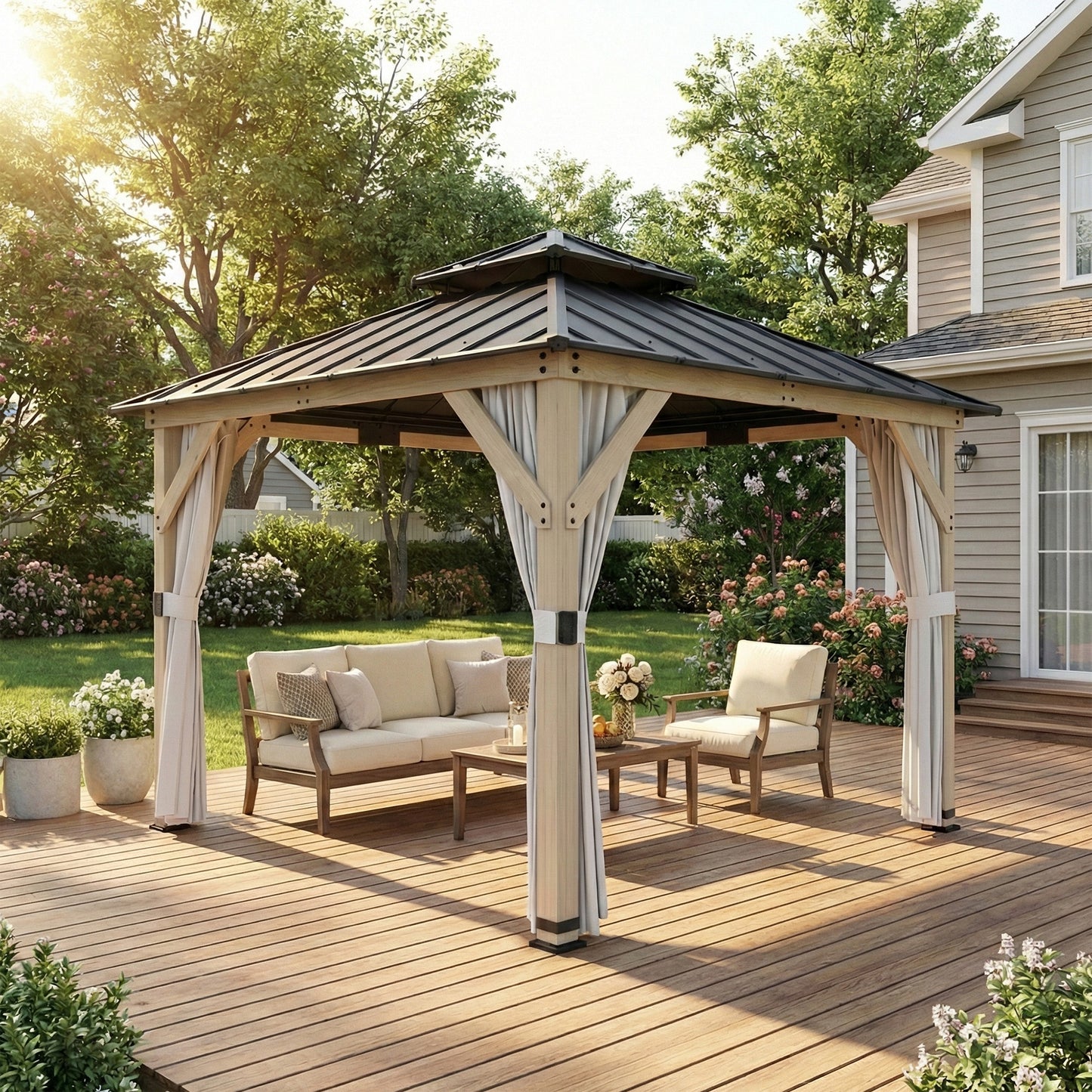 Outsunny 3 x 3 m Outdoor Hardtop Gazebo Canopy With Curtains And 2 Tier Steel Roof Wood Garden Gazebo Light Grey