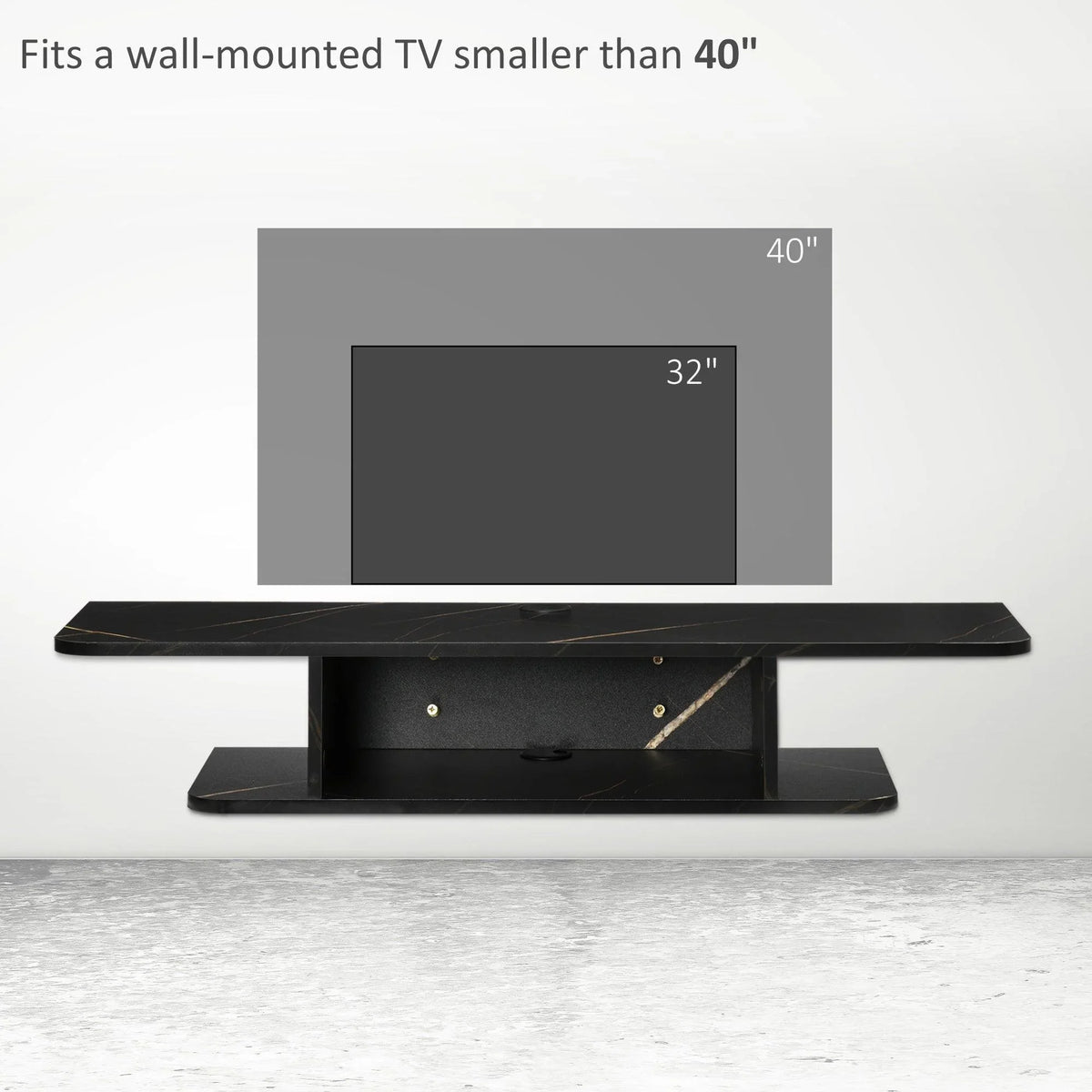 Black floating TV console with wide top shelf and two-tier open storage.