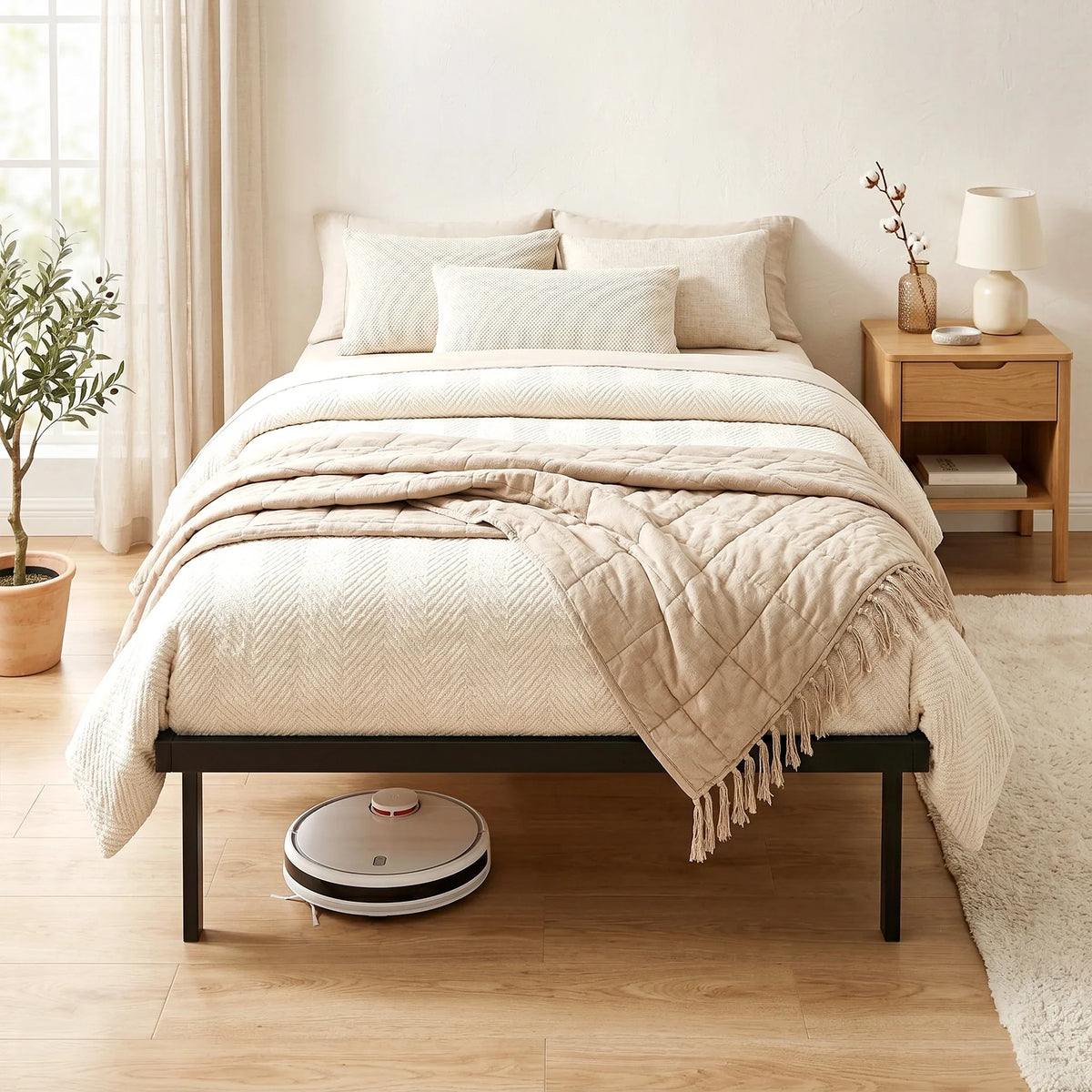 Single bed frame with black metal legs and metal slat foundation under mattress