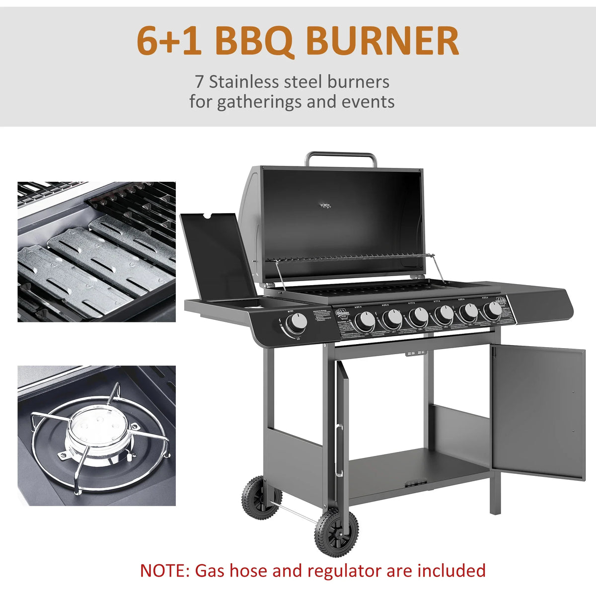 Grey gas BBQ grill with open hood, burner row, side shelf, and side cabinet