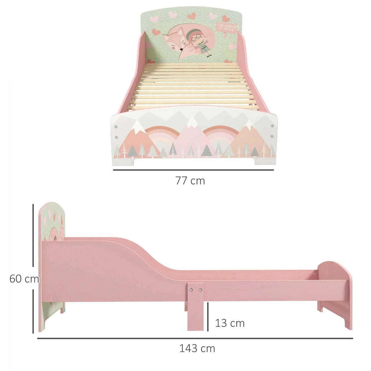 Pink toddler bed frame with slatted mattress base and decorative animal/forest side panels.