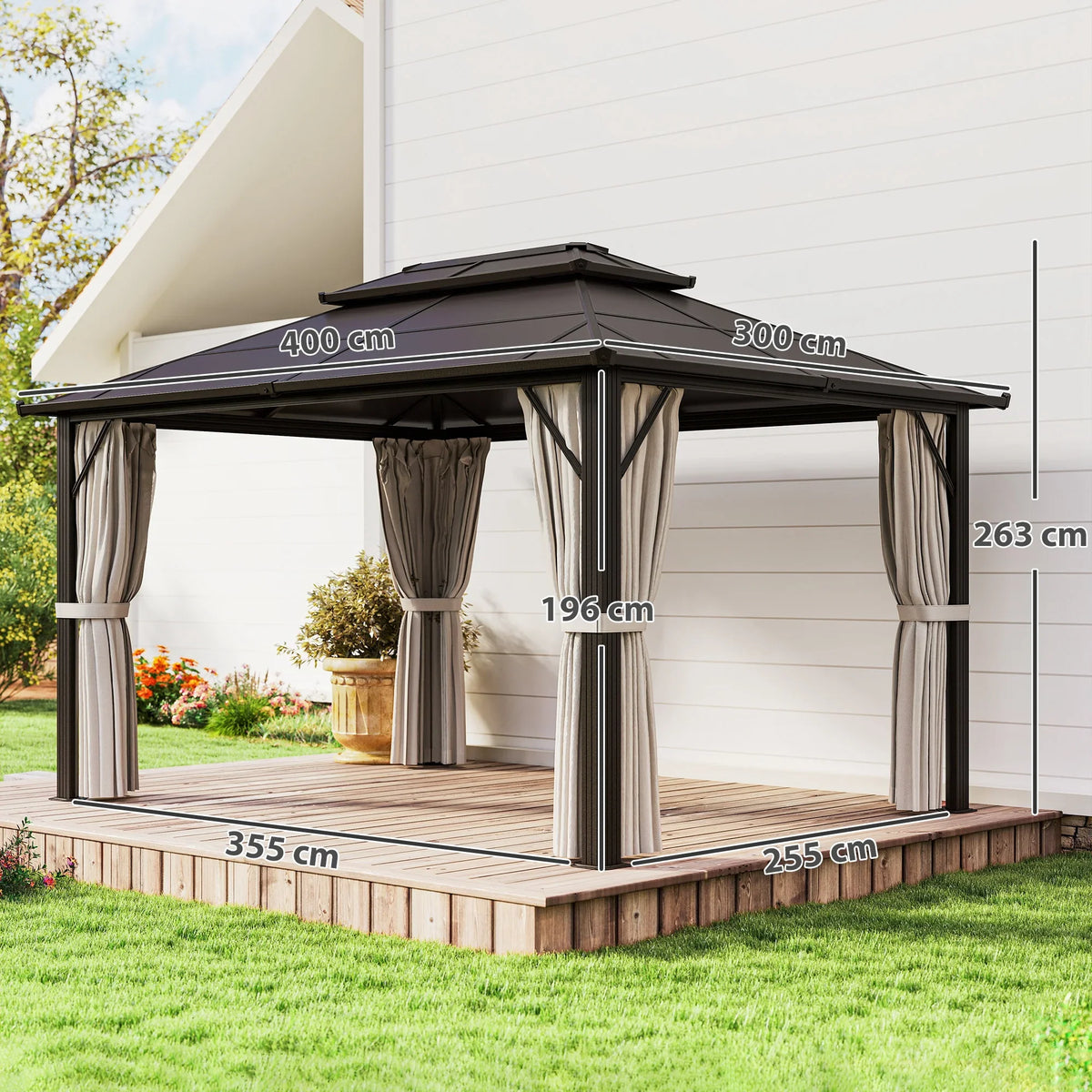 Beige hardtop gazebo with dark frame and removable side curtains on a deck