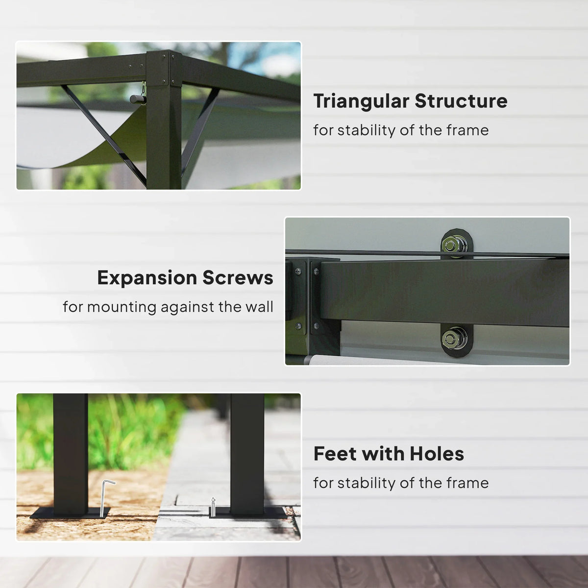 Black metal gazebo frame close-ups: triangular support, wall expansion screws, bolted feet