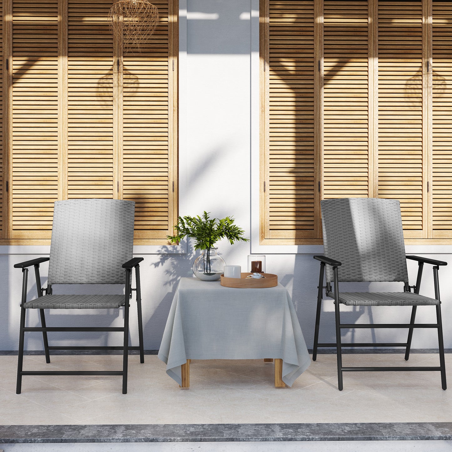 Outsunny Folding Rattan Chairs Set Of Two Outdoor Grey Weather Resistant Steel Frame Patio Seating