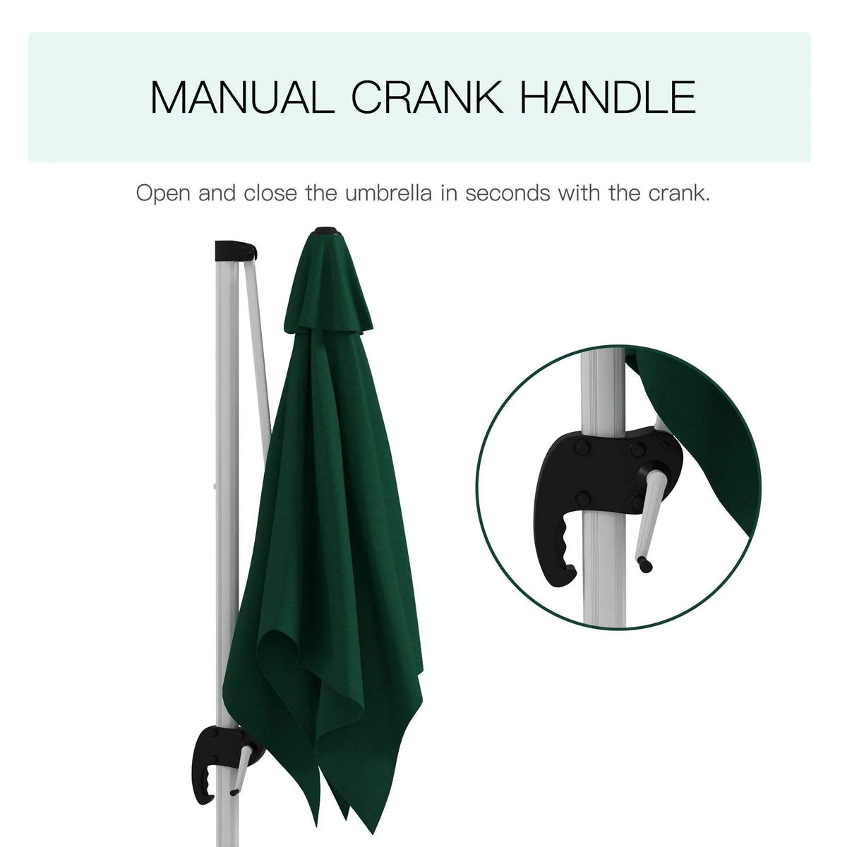 Green cantilever parasol with manual crank handle for opening and closing