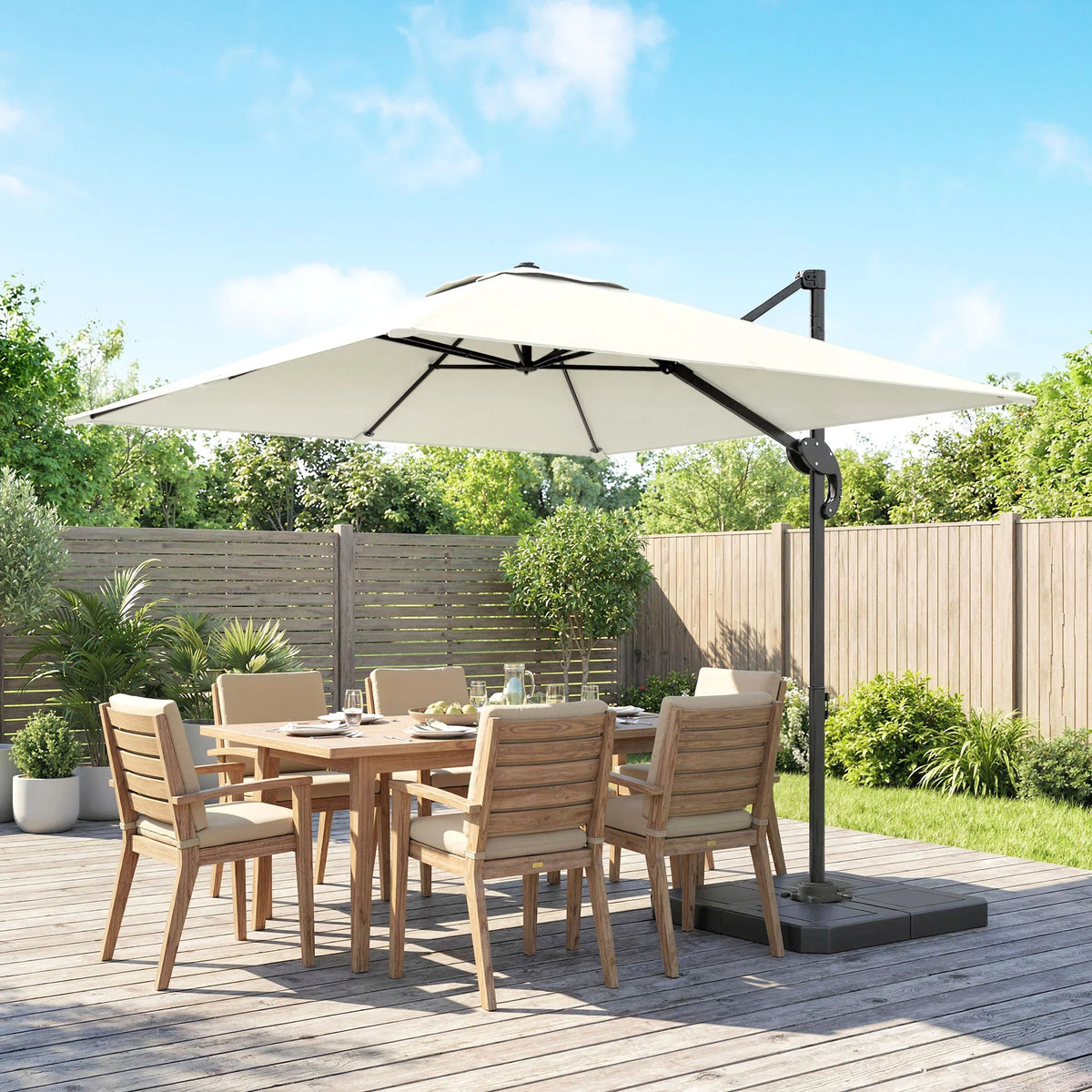 Cream offset patio parasol with black pole over wooden dining set in backyard