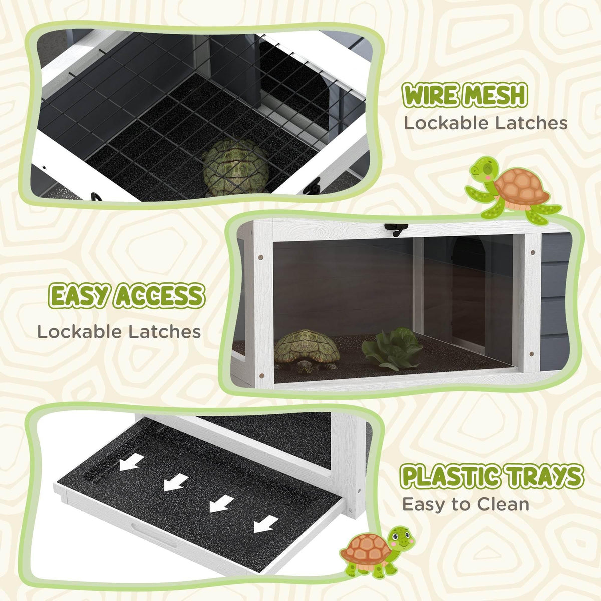 Tortoise habitat with wire mesh top and removable plastic trays inside