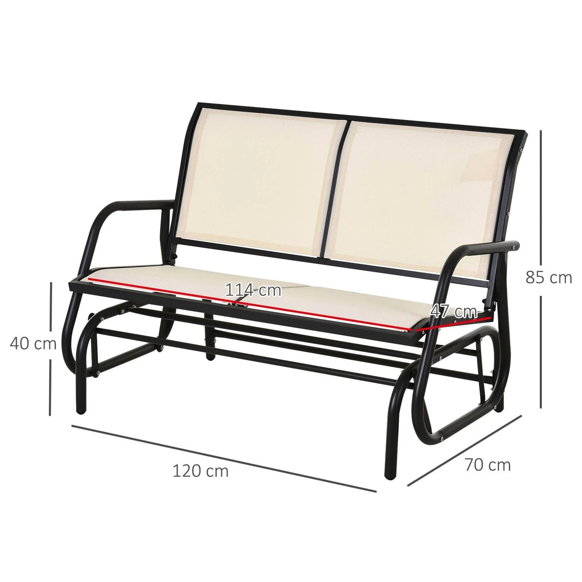 Beige mesh loveseat glider bench with armrests and dark steel rocking-glide base