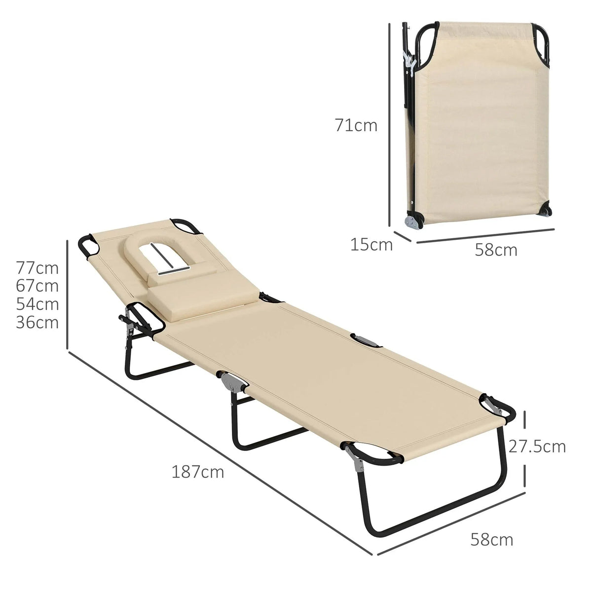 Adjustable reclining sun lounger with beige seat pad and face-hole headrest, black frame