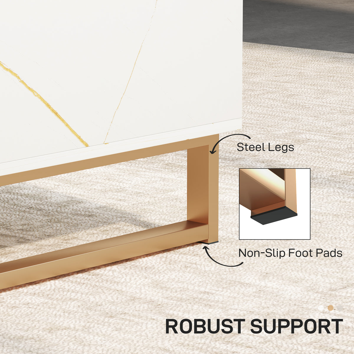 White marble-effect coffee table showing steel legs and non-slip foot pads