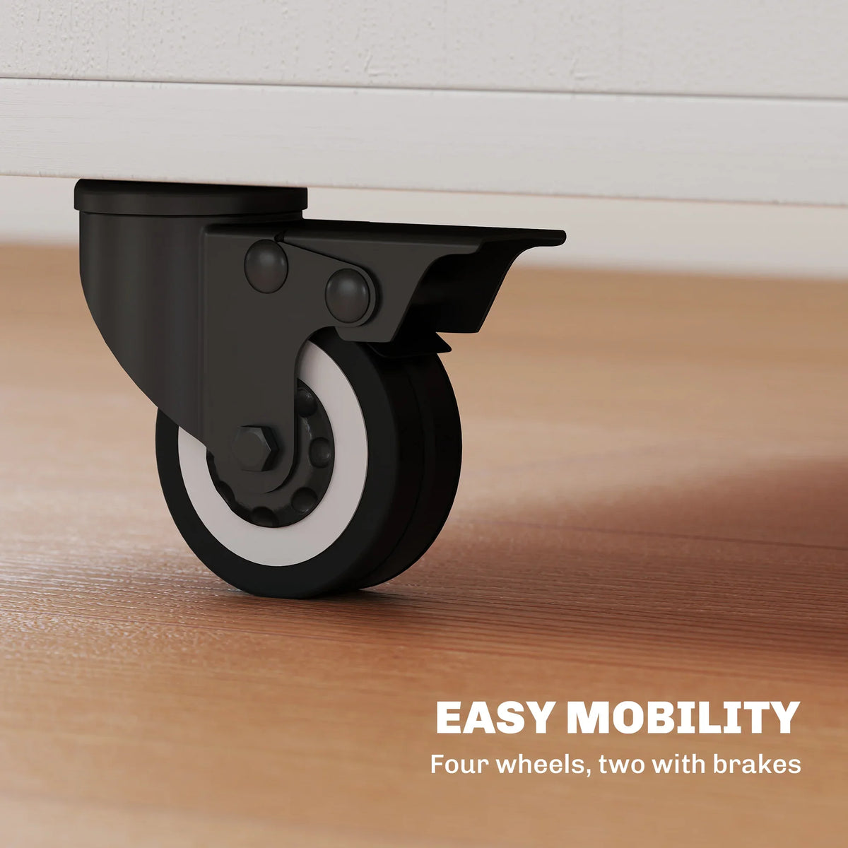 Black caster wheel on the bottom of a folding dining table cart for easy mobility