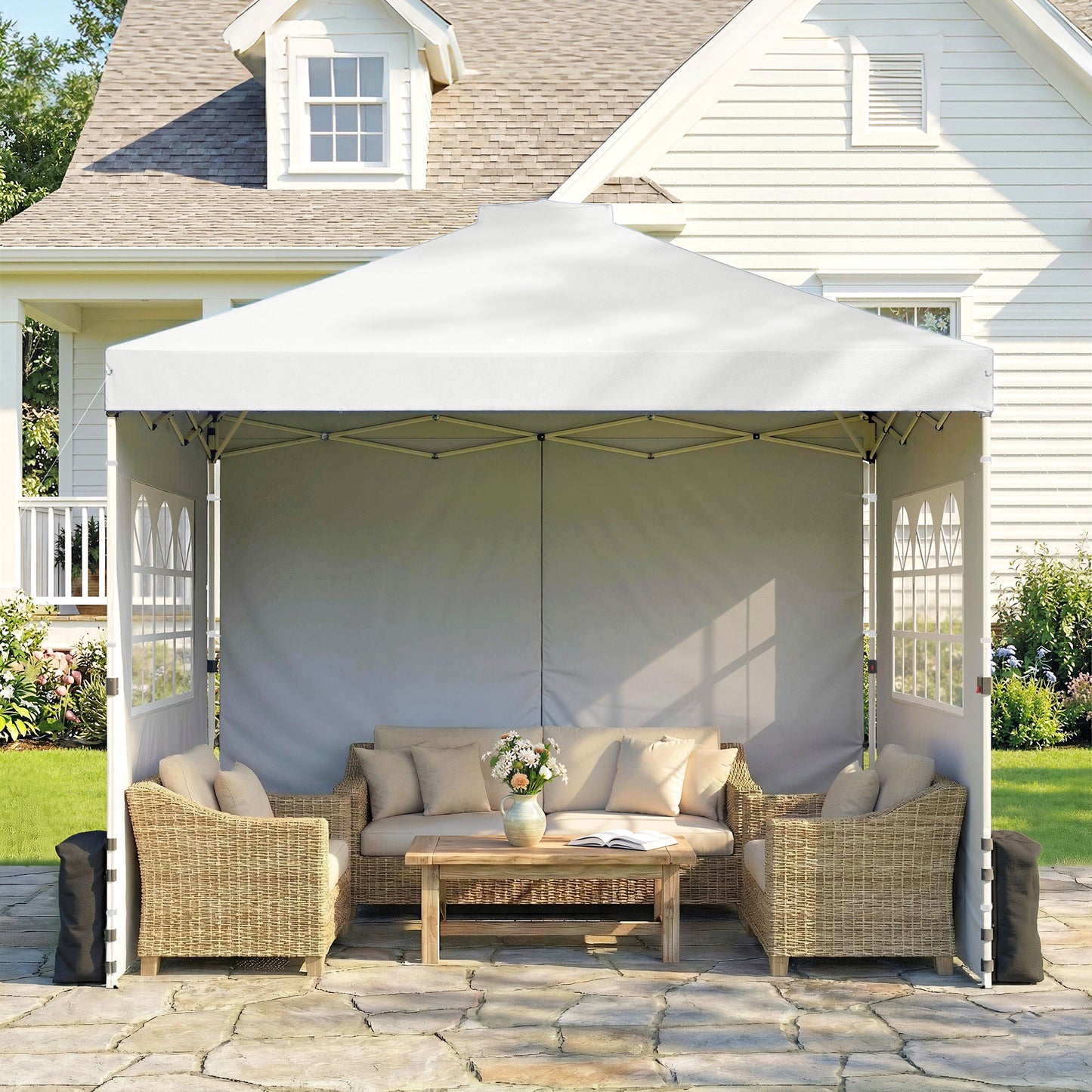 Outsunny Pop Up Gazebo 3x3m Waterproof Canopy Height Adjustable With 3 Sidewalls And Wheeled Bag White