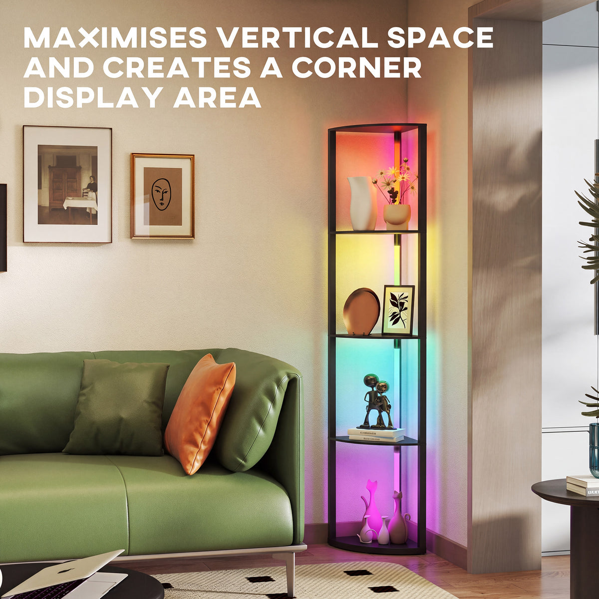 Black floor lamp with four glass shelves and vertical RGB glow for corners