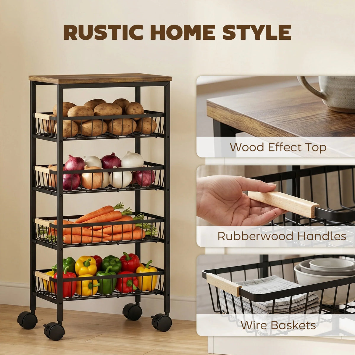 Rustic home storage trolley: wire baskets, rubberwood-style handles, and swivel caster base.