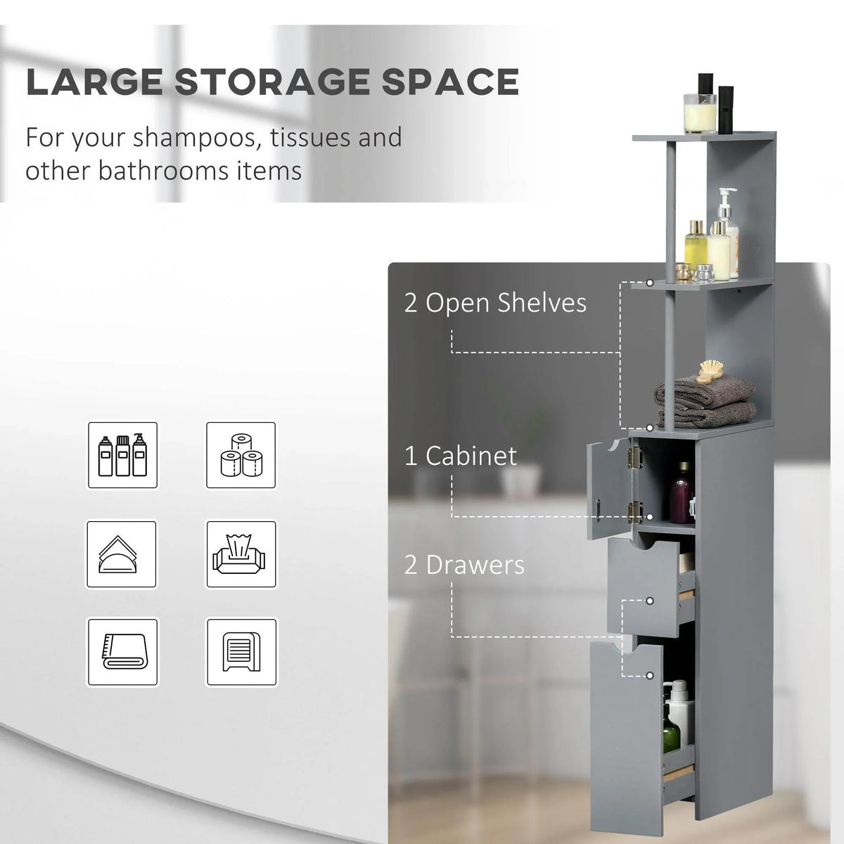 Grey bathroom storage cabinet with 2 open shelves and 2 drawers