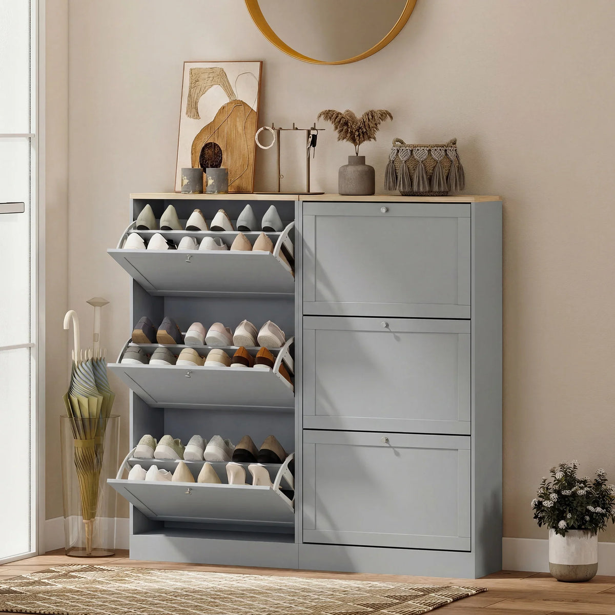 Grey shoe cabinet with open shelves and stacked drawers, storing shoes in sections