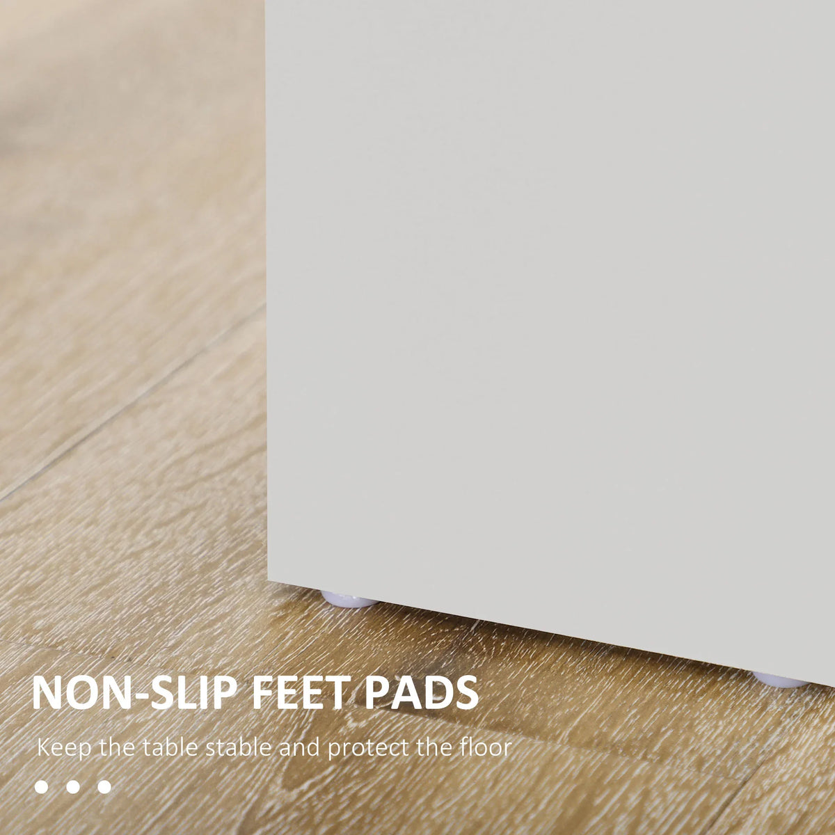 Dining table corner with non-slip feet pads under white leg