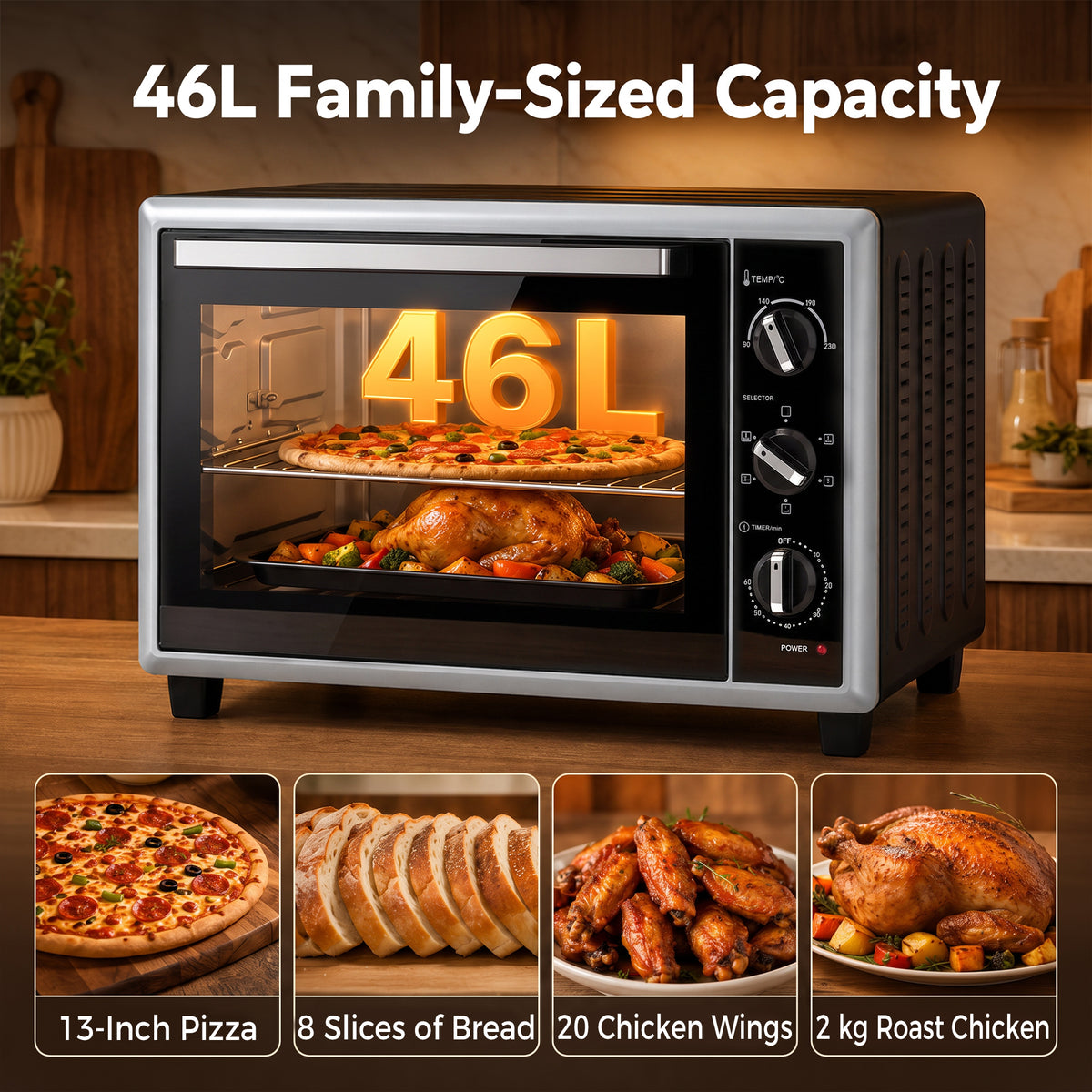 46L mini convection oven with rotisserie, open door with roasted chicken and dishes inside