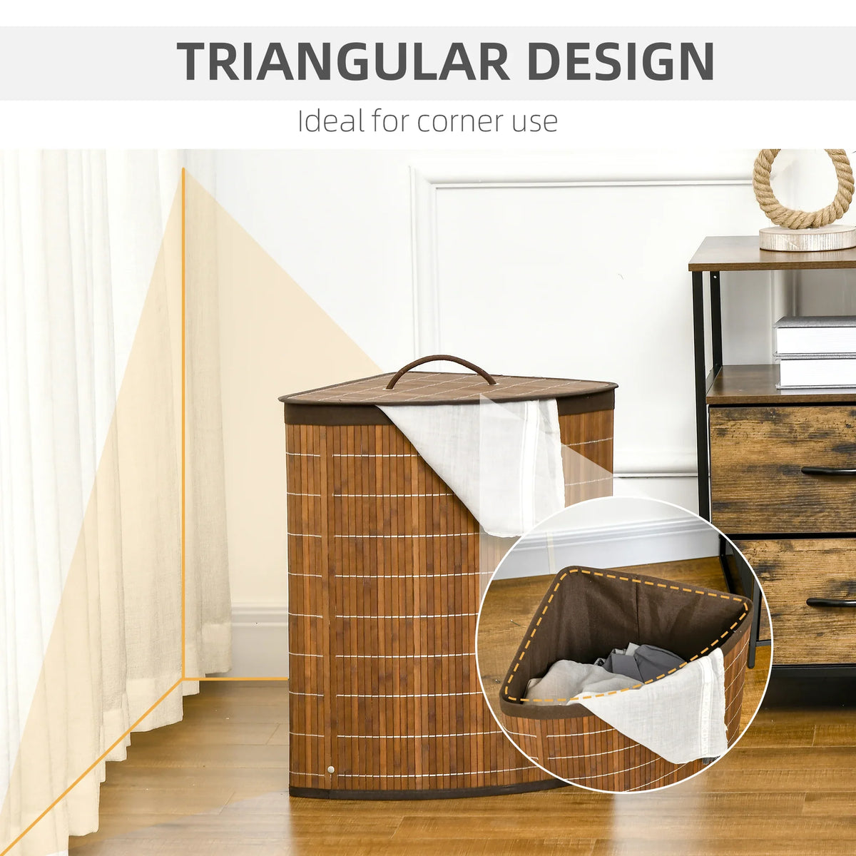 Brown bamboo triangular laundry hamper with lid and removable liner bag