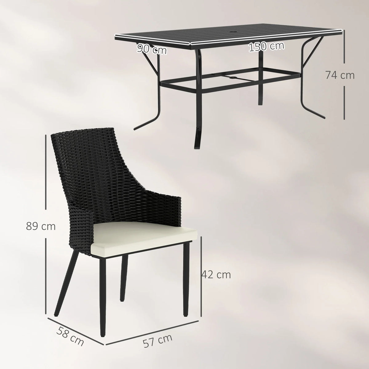 Outdoor rattan armchair with cream cushion and matching rectangular dining table, black frame
