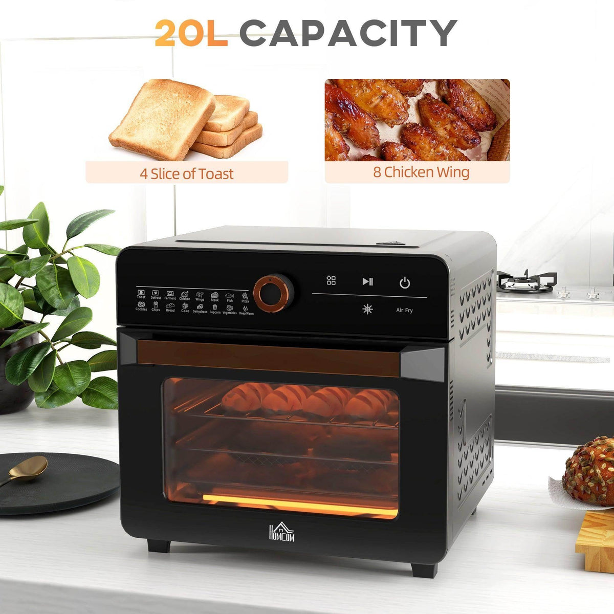 Gray countertop air fryer oven with illuminated glass window and front controls