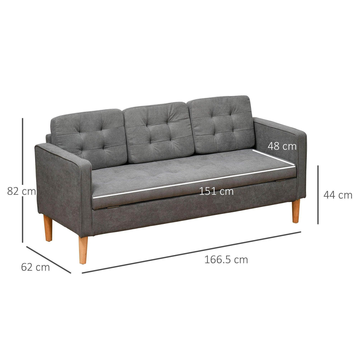 Grey upholstered 3-seat sofa with tufted back and seat, shown with size dimensions.
