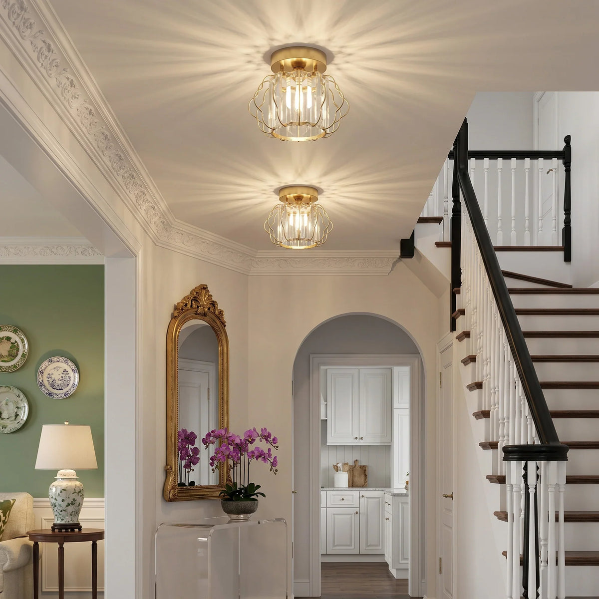 Gold semi-flush ceiling light with clear crystal bar cage mounted on ceiling