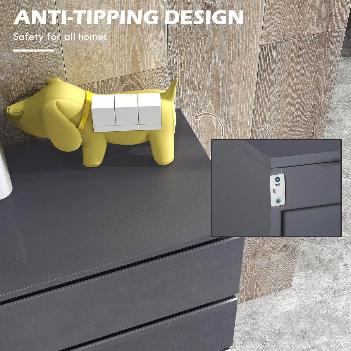 4-drawer dresser with anti-tip safety bracket and non-slip foot pads, dark gray