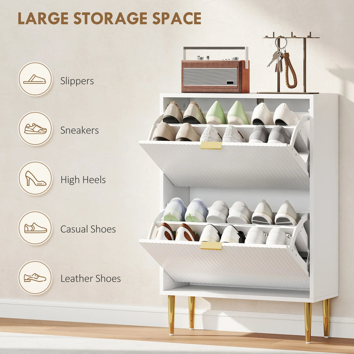 White shoe cabinet with open top storage and flip compartments for multiple shoe types
