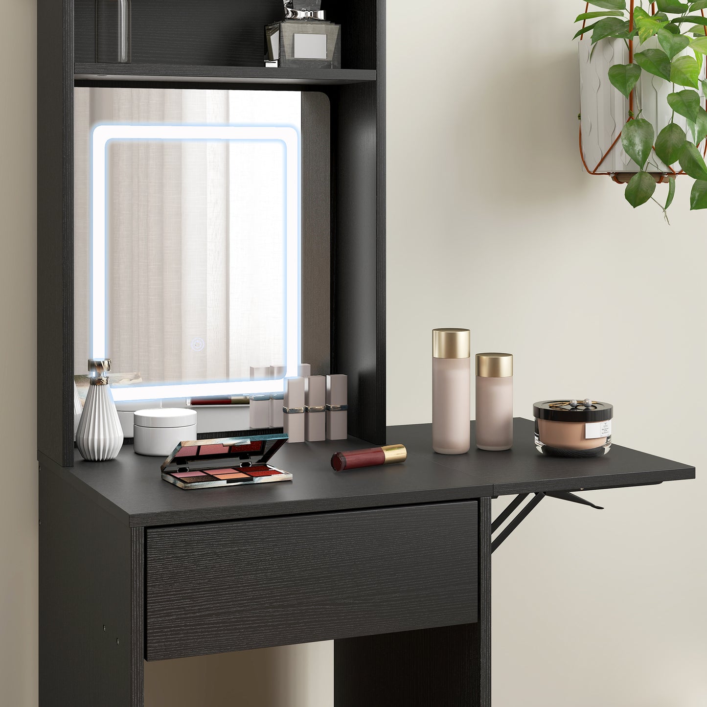HOMCOM Small Vanity Desk With Mirror And LED Lights Compact Dressing Table With Drop Leaf Open Shelves And Drawer Black