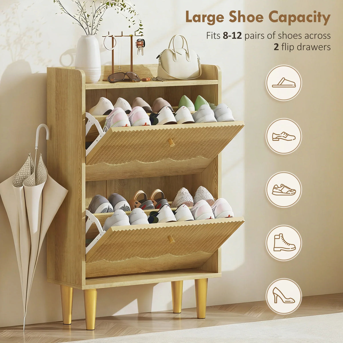 Oak narrow shoe cabinet with two flip drawers, stacked shoes in open compartments