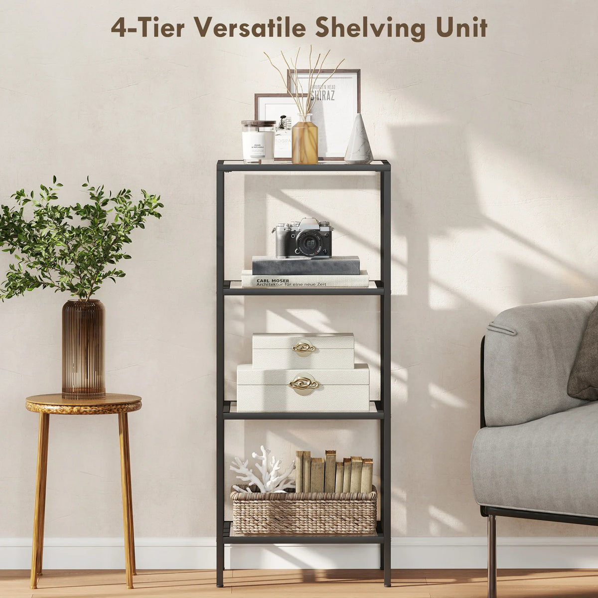 4-tier glass shelving unit with black metal frame and glass shelves for storage