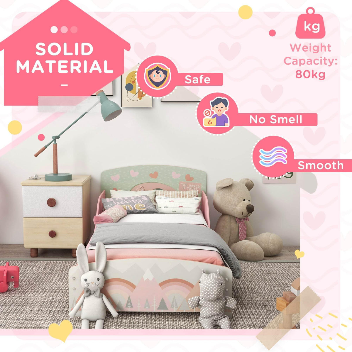 Pink toddler bed frame with smooth sides and woodland animal print headboard and footboard.
