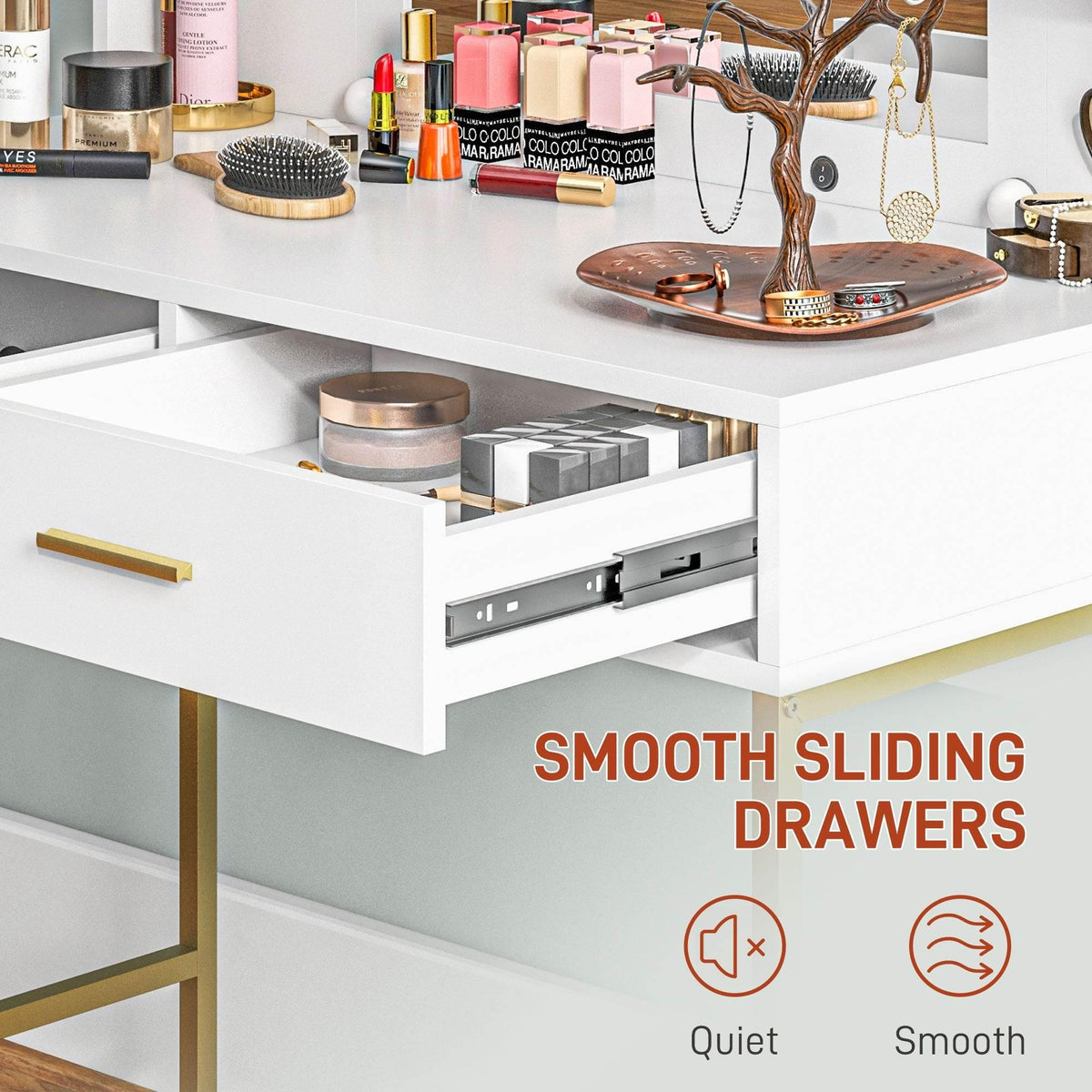 White sliding drawers of a makeup vanity table set with quiet, smooth drawer tracks