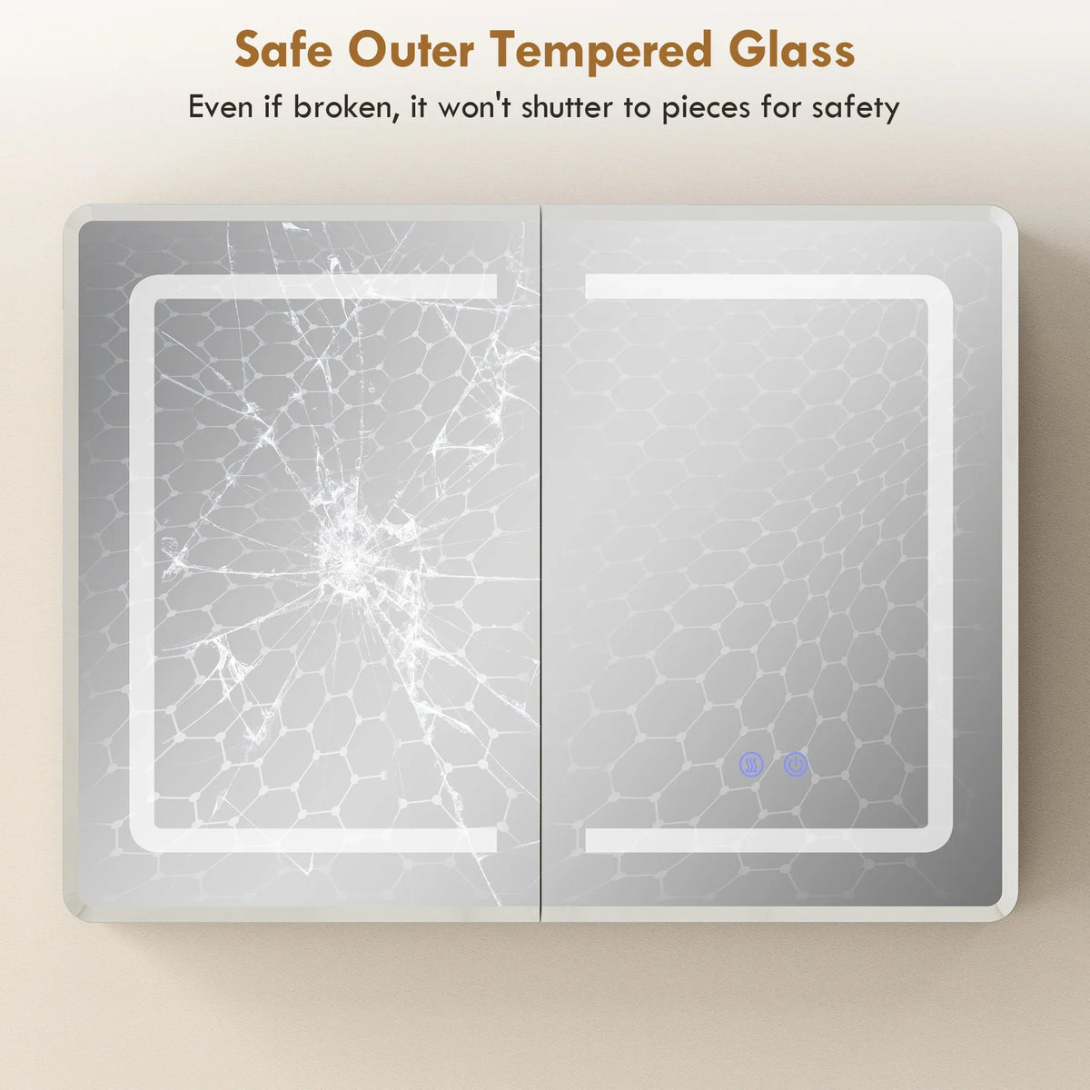 Safe tempered outer glass mirrored cabinet with LED border and break-resistant pane