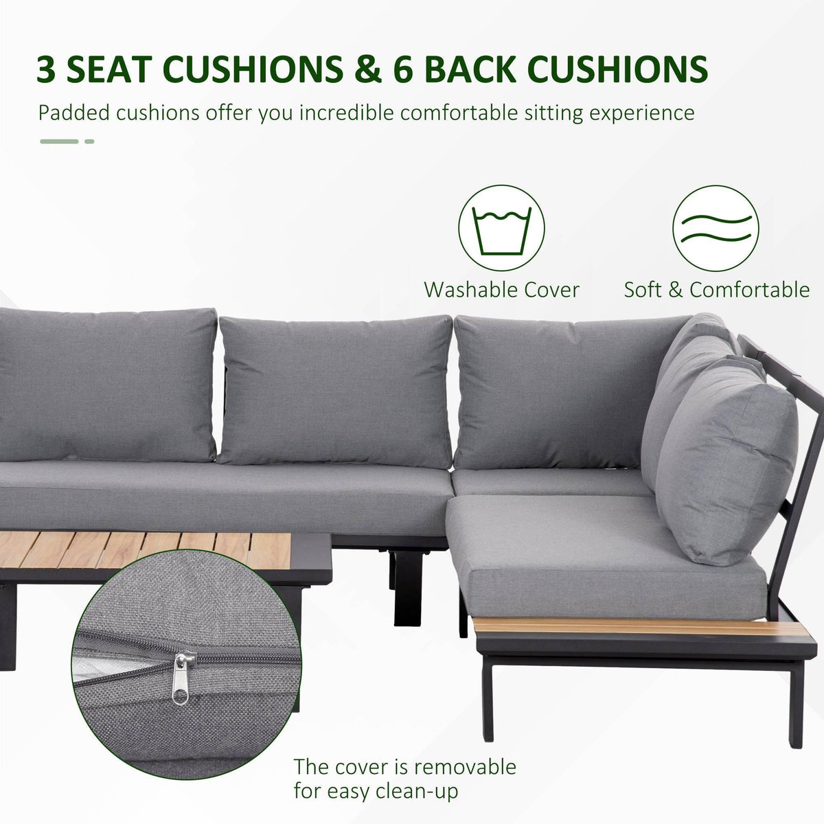 Dark grey outdoor sofa cushions with removable, cleanable cover and rounded bolster pillow
