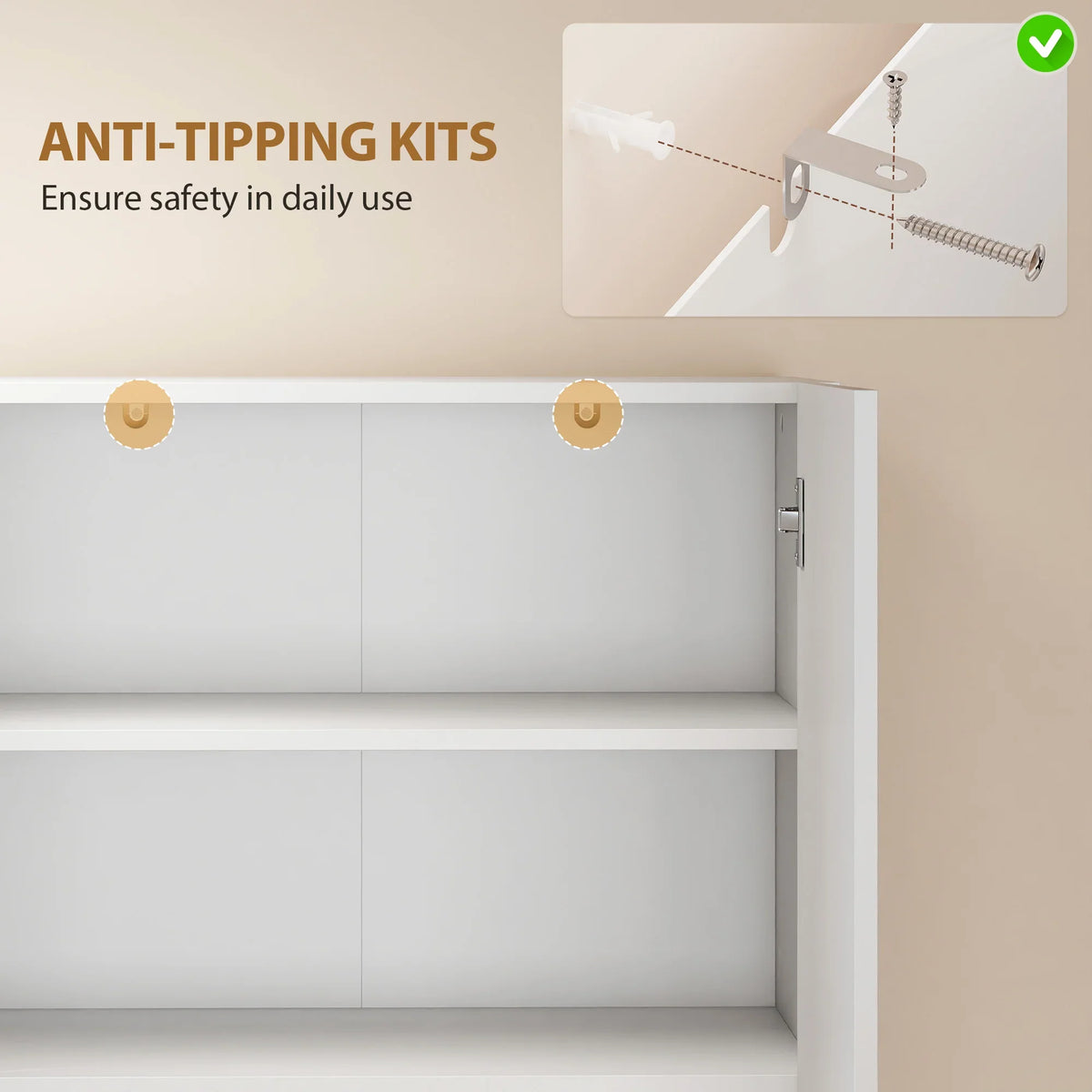 Tall white pantry cabinet showing anti-tipping wall straps and interior shelf storage