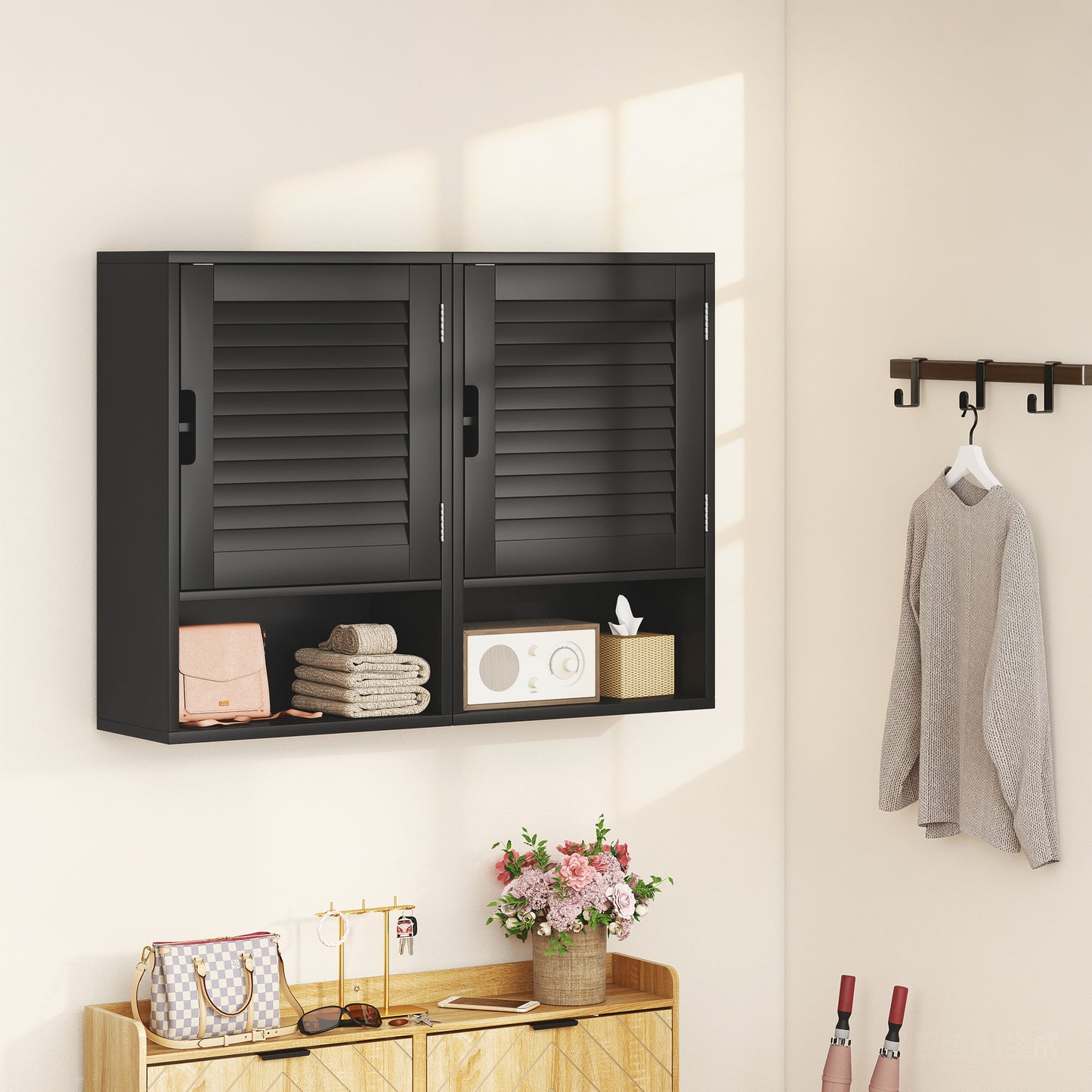 HOMCOM Wall Mounted Bathroom Cabinet With Adjustable Shelves Black 40 x 20 x 60 cm Space Saving Storage