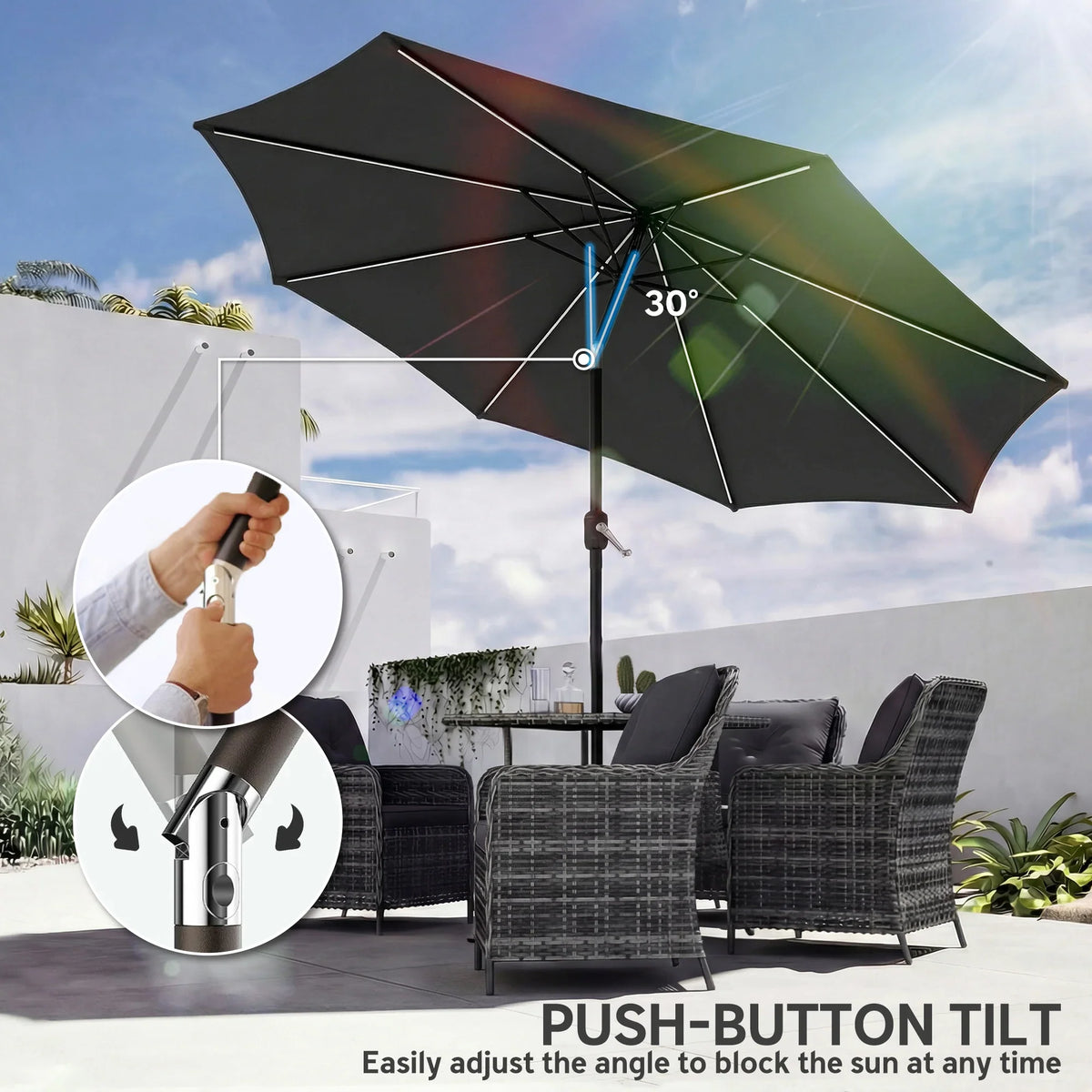 Black garden parasol umbrella with push-button tilt adjustment for angled shade