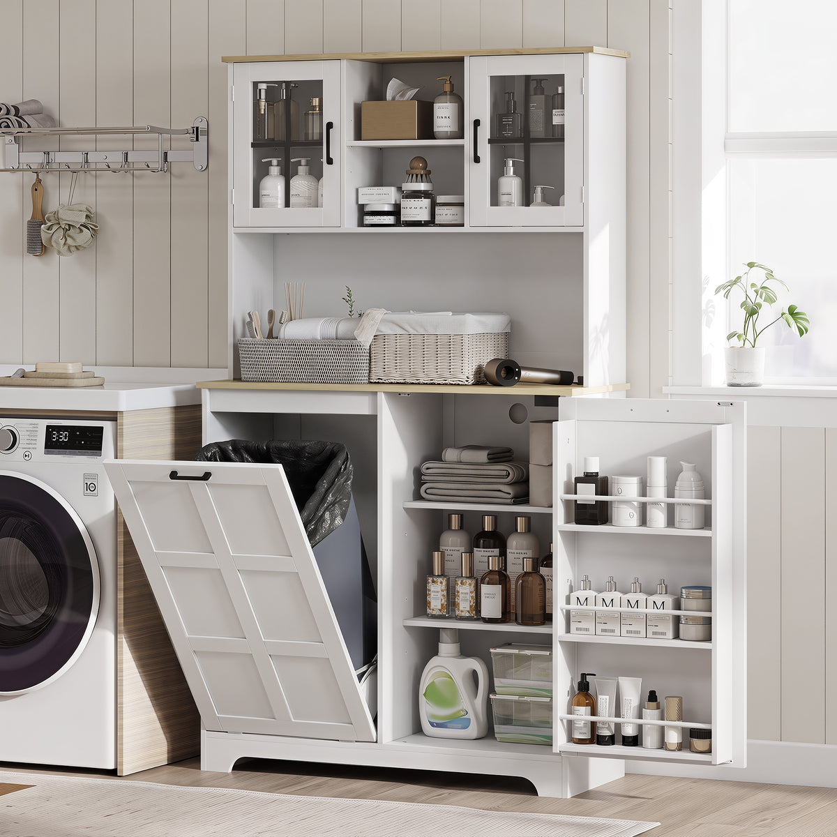 White tall kitchen cabinet with transparent doors, counter area, and organized storage shelves