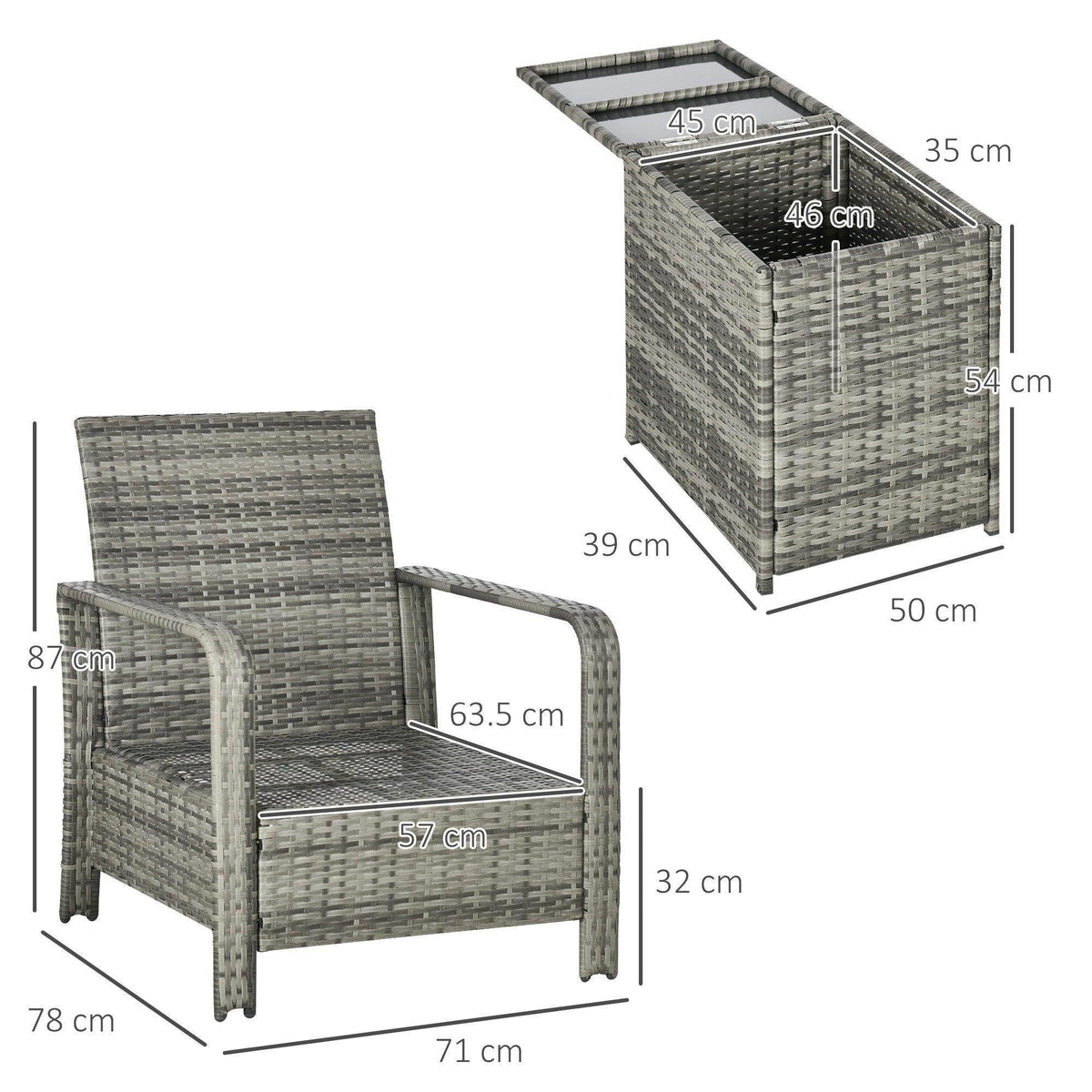 Grey wicker bistro chair and storage box size diagram with measurements