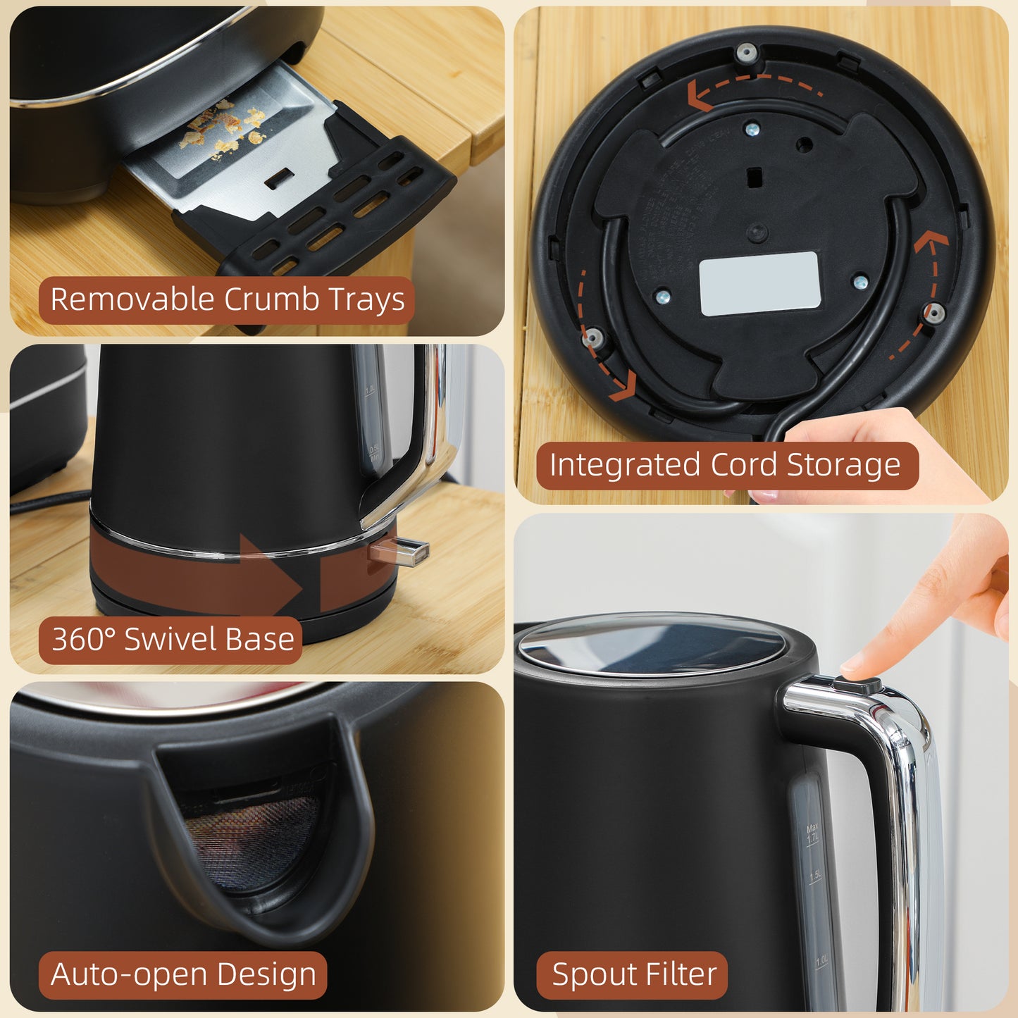 HOMCOM Black Kettle And Toaster Set 1.7L 3000W Fast Boil Kettle And 2 Slice Toaster With Defrost Reheat